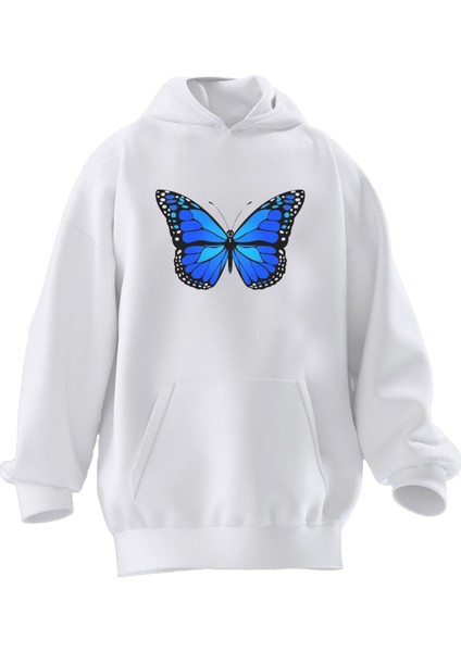 Unisex Premium Pamuk Beyaz Blue Butterfly Baskılı 3 Iplik Kapüşonlu Sweatshirt