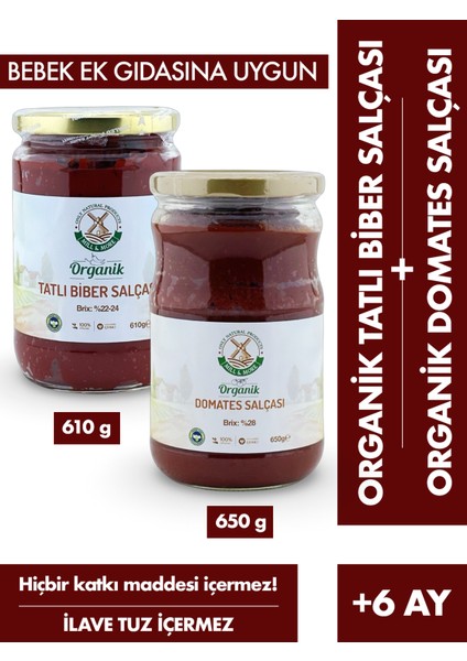 Mill & More Organik Tuzsuz Domates Salçası 650 gr + Organik Tuzsuz Tatlı Biber Salçası 610 gr Seti