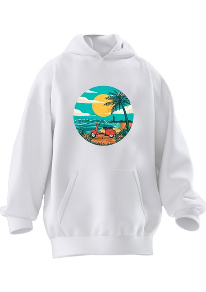 Unisex Premium Pamuk Beyaz Deniz Plaj Motor Baskılı 3 Iplik Kapüşonlu Sweatshirt