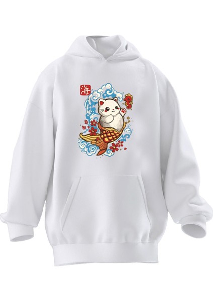 Unisex Premium Pamuk Beyaz Dondurma Kedi Baskılı 3 Iplik Kapüşonlu Sweatshirt