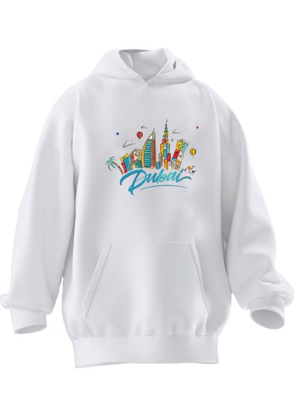 Unisex Premium Pamuk Beyaz Dubai Renkli Çizim Baskılı 3 Iplik Kapüşonlu Sweatshirt