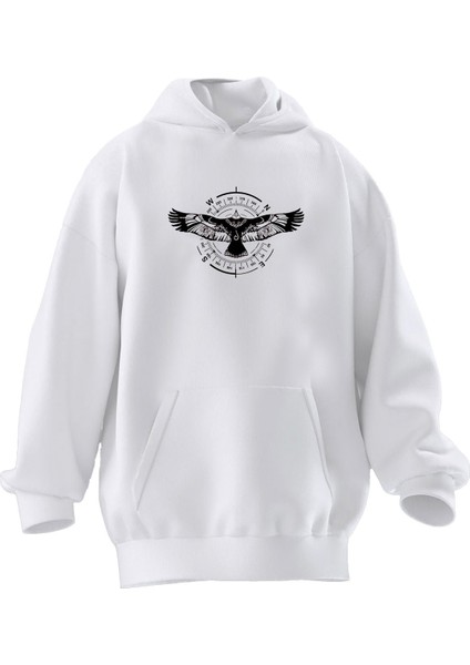 Unisex Premium Pamuk Beyaz Kartal Pusula Baskılı 3 Iplik Kapüşonlu Sweatshirt