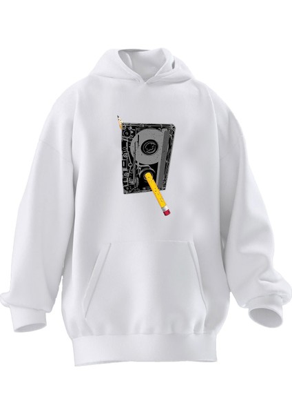 Unisex Premium Pamuk Beyaz Kaset Kalem Baskılı 3 Iplik Kapüşonlu Sweatshirt