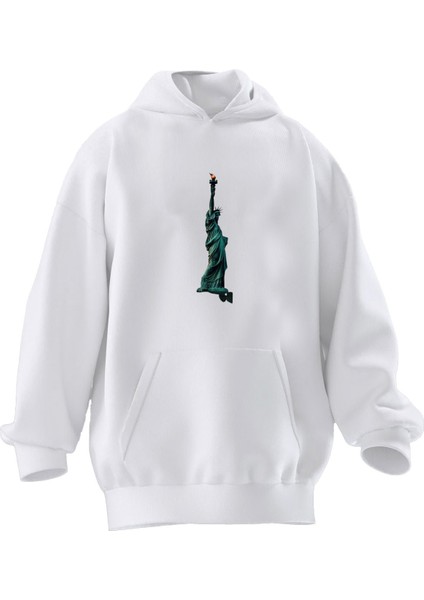 Unisex Premium Pamuk Beyaz Özgürlük Heykeli Baskılı 3 Iplik Kapüşonlu Sweatshirt
