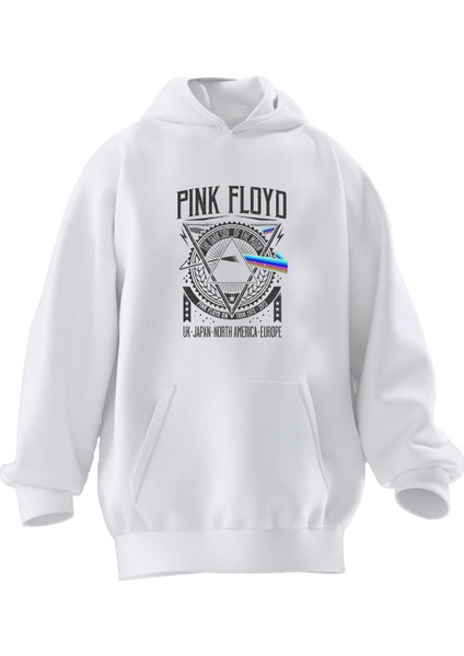 Unisex Premium Pamuk Beyaz Pink Floyd Bilindik Poster Baskılı 3 Iplik Kapüşonlu Sweatshirt