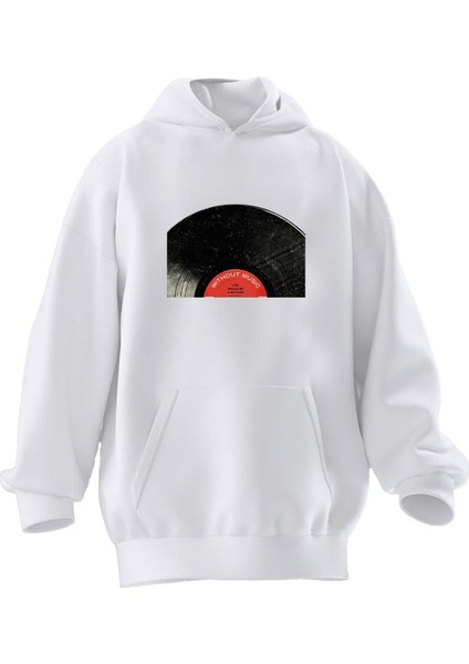 Unisex Premium Pamuk Beyaz Plak Baskılı 3 Iplik Kapüşonlu Sweatshirt