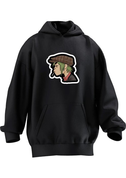 Unisex Premium Pamuk Siyah Kasketli Anime Baskılı 3 Iplik Kapüşonlu Sweatshirt