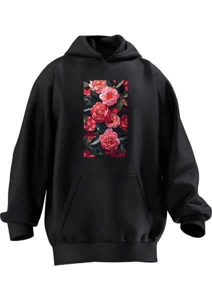 Unisex Premium Pamuk Siyah Pembe Kırmızı Çiçek Resim Baskılı 3 Iplik Kapüşonlu Sweatshirt