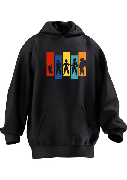 Unisex Premium Pamuk Siyah Renkli Anime Karakterler Goku Baskılı 3 Iplik Kapüşonlu Sweatshirt