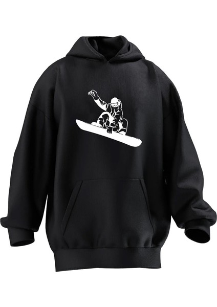 Unisex Premium Pamuk Siyah Snowboard Adam Kıyafet Baskılı 3 Iplik Kapüşonlu Sweatshirt