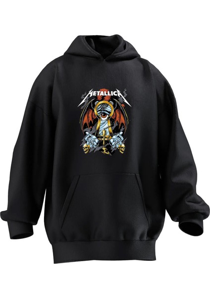 Unisex Premium Pamuk Siyah Metallica Anahtarlık Baskılı 3 Iplik Kapüşonlu Sweatshirt