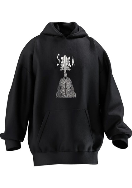 Unisex Premium Pamuk Siyah Gojira Ağaç Gölge Baskılı 3 Iplik Kapüşonlu Sweatshirt