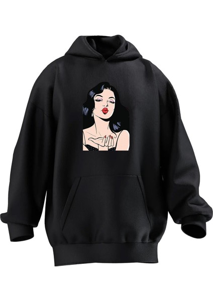 Unisex Premium Pamuk Siyah Kırmızı Rujlu Kadın Baskılı 3 Iplik Kapüşonlu Sweatshirt