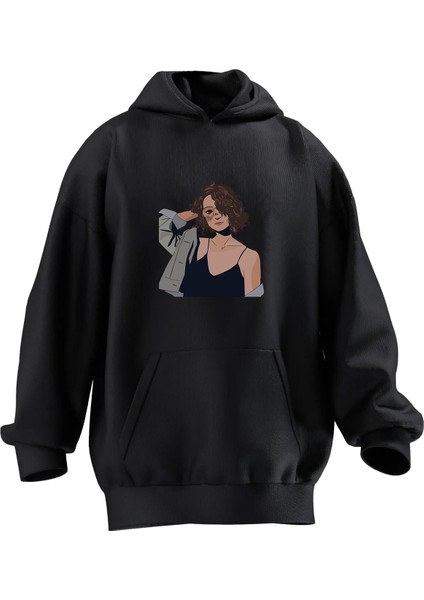 Unisex Premium Pamuk Siyah Kıvırcık Genç Kız Baskılı 3 Iplik Kapüşonlu Sweatshirt