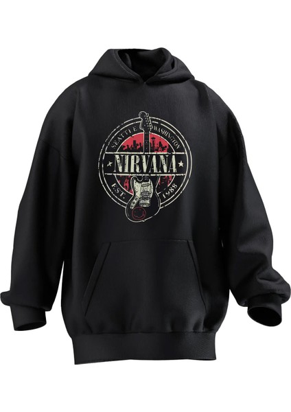 Unisex Premium Pamuk Siyah Nirvana Gitar Poster Baskılı 3 Iplik Kapüşonlu Sweatshirt