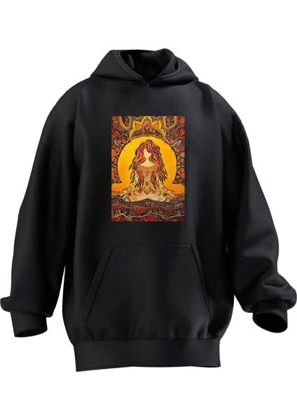 Unisex Premium Pamuk Siyah Turuncu Prenses Baskılı 3 Iplik Kapüşonlu Sweatshirt