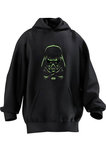 Unisex Premium Pamuk Siyah Yeşil Starwars Baskılı 3 Iplik Kapüşonlu Sweatshirt