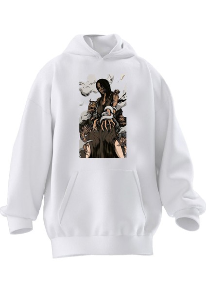 Unisex Premium Pamuk Beyaz Dumanlı Kadın Savaşçı Baskılı 3 Iplik Kapüşonlu Sweatshirt