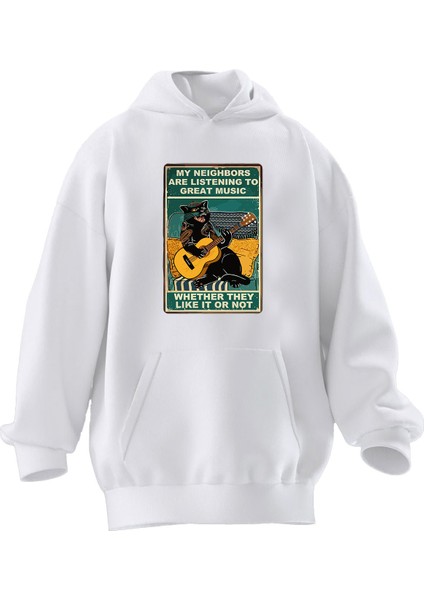 Unisex Premium Pamuk Beyaz Gitar Çalan Kedi Baskılı 3 Iplik Kapüşonlu Sweatshirt