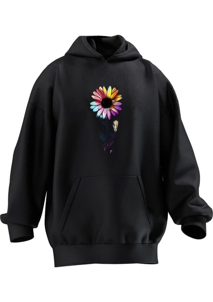 Unisex Premium Pamuk Siyah Çiçek Renkli Baskılı 3 Iplik Kapüşonlu Sweatshirt