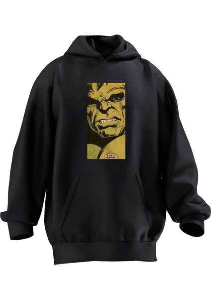Unisex Premium Pamuk Siyah Hulk Monster Baskılı 3 Iplik Kapüşonlu Sweatshirt