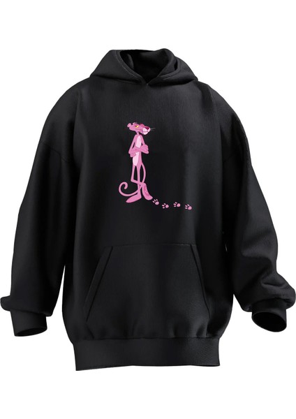Unisex Premium Pamuk Siyah Patili Pembe Panter Baskılı 3 Iplik Kapüşonlu Sweatshirt