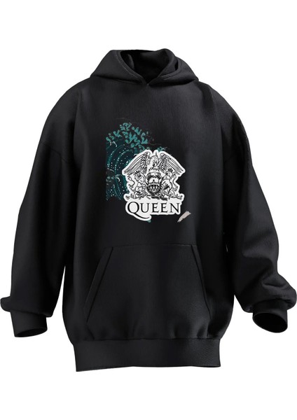 Unisex Premium Pamuk Siyah Queen Krallık Poster Baskılı 3 Iplik Kapüşonlu Sweatshirt