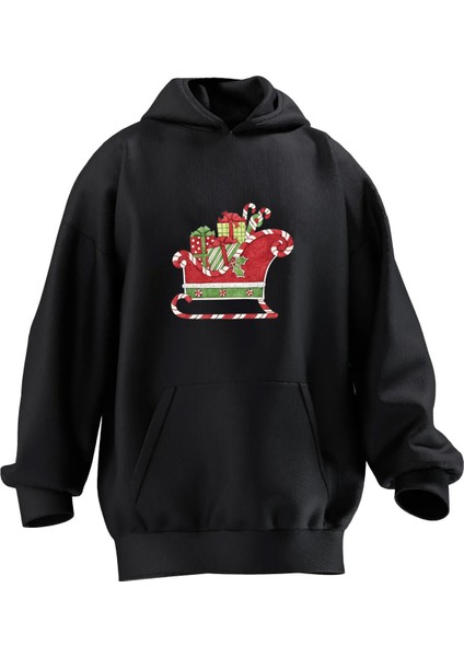 Unisex Premium Pamuk Siyah Yılbaşı Geyik Hediye Figür Baskılı 3 Iplik Kapüşonlu Sweatshirt