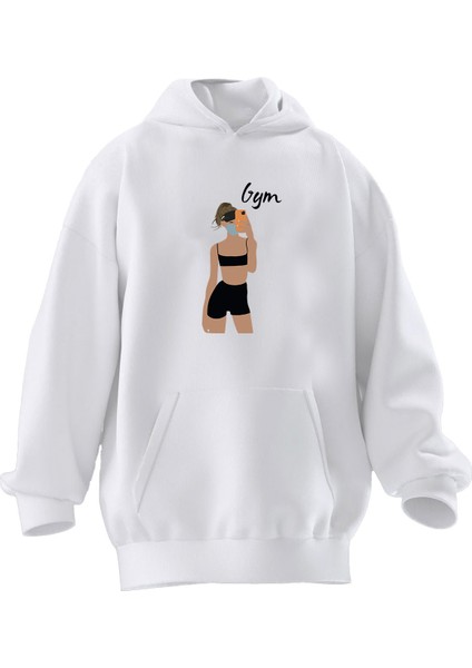 Unisex Premium Pamuk Beyaz Croplu Kız Gym Baskılı 3 Iplik Kapüşonlu Sweatshirt