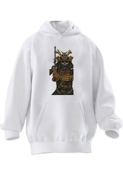 Unisex Premium Pamuk Beyaz Samuray Kurukafa Baskılı 3 Iplik Kapüşonlu Sweatshirt