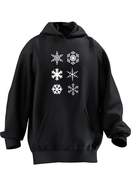 Unisex Premium Pamuk Siyah Kar Taneleri Baskılı 3 Iplik Kapüşonlu Sweatshirt