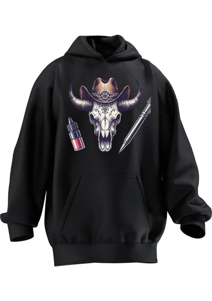 Unisex Premium Pamuk Siyah Öküz Kafası Dolmakalem Baskılı 3 Iplik Kapüşonlu Sweatshirt
