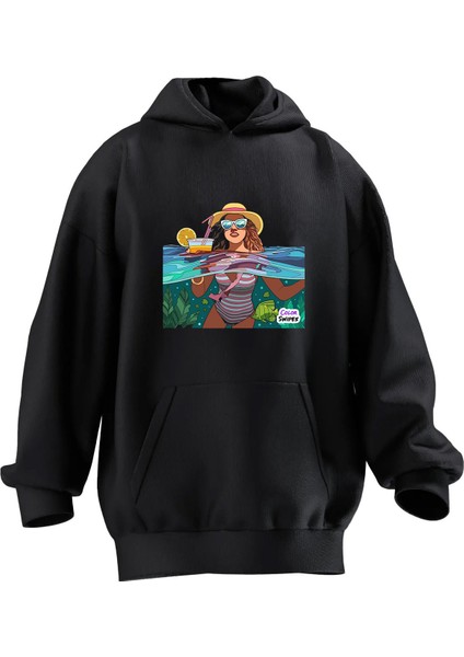 Unisex Premium Pamuk Siyah Tatilci Genç Kız Baskılı 3 Iplik Kapüşonlu Sweatshirt