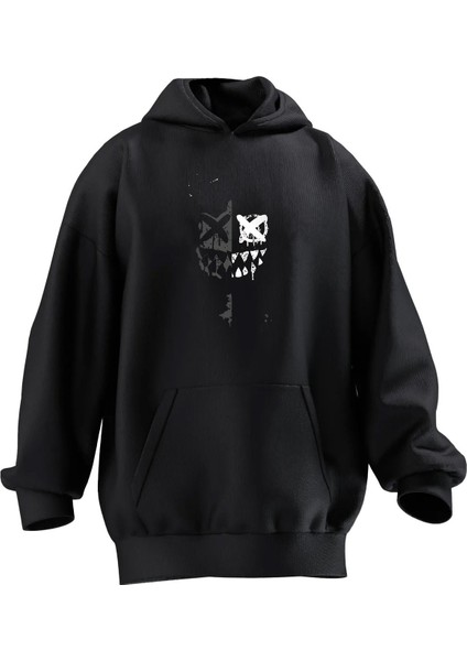 Unisex Premium Pamuk Siyah Yarım Çarpı Göz Baskılı 3 Iplik Kapüşonlu Sweatshirt
