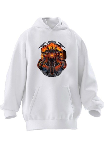 Unisex Premium Pamuk Beyaz Alevli Motorcular Baskılı 3 Iplik Kapüşonlu Sweatshirt