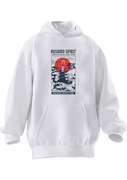Unisex Premium Pamuk Beyaz Bushidospirit Baskılı 3 Iplik Kapüşonlu Sweatshirt