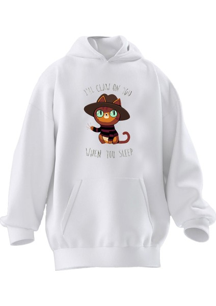 Unisex Premium Pamuk Beyaz Ill Claq On Cat Baskılı 3 Iplik Kapüşonlu Sweatshirt
