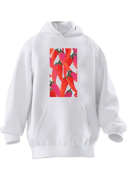 Unisex Premium Pamuk Beyaz Kırmızı Biberler Baskılı 3 Iplik Kapüşonlu Sweatshirt