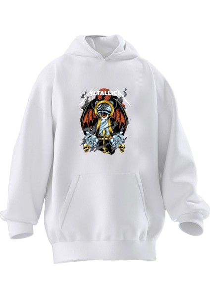 Unisex Premium Pamuk Beyaz Metallica Anahtarlık Baskılı 3 Iplik Kapüşonlu Sweatshirt