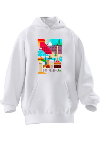 Unisex Premium Pamuk Beyaz Mycoolnes Şehir Poster Baskılı 3 Iplik Kapüşonlu Sweatshirt