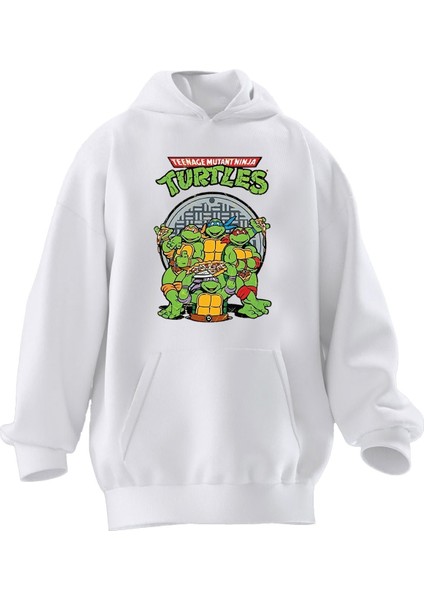 Unisex Premium Pamuk Beyaz Ninja Kaplumbağalar Poster Baskılı 3 Iplik Kapüşonlu Sweatshirt