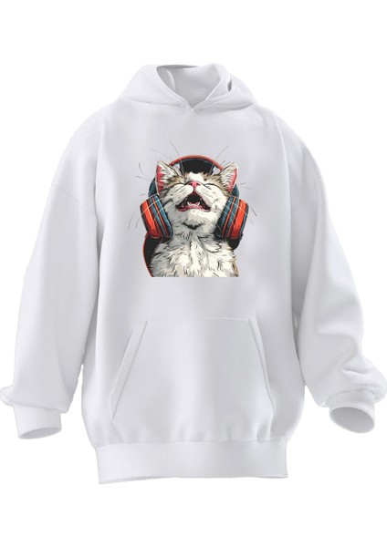 Unisex Premium Pamuk Beyaz Kulaklıklı Kedi Baskılı 3 Iplik Kapüşonlu Sweatshirt