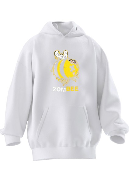 Unisex Premium Pamuk Beyaz Zombee Arı Baskılı 3 Iplik Kapüşonlu Sweatshirt