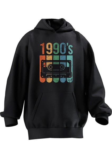 Unisex Premium Pamuk Siyah 1990 Kaset Baskılı 3 Iplik Kapüşonlu Sweatshirt
