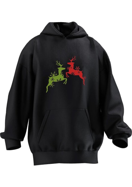 Unisex Premium Pamuk Siyah Geyik Yılbaşı Baskılı 3 Iplik Kapüşonlu Sweatshirt
