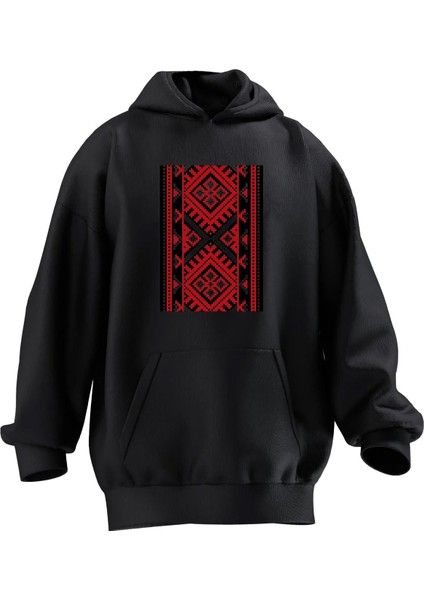 Unisex Premium Pamuk Siyah Kilim Deseni Baskılı 3 Iplik Kapüşonlu Sweatshirt
