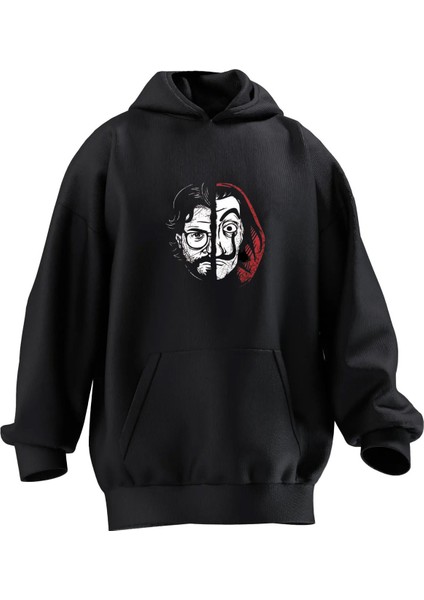 Unisex Premium Pamuk Siyah La Casa Maske Baskılı 3 Iplik Kapüşonlu Sweatshirt