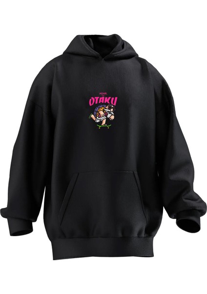 Unisex Premium Pamuk Siyah Otaku Baskılı 3 Iplik Kapüşonlu Sweatshirt