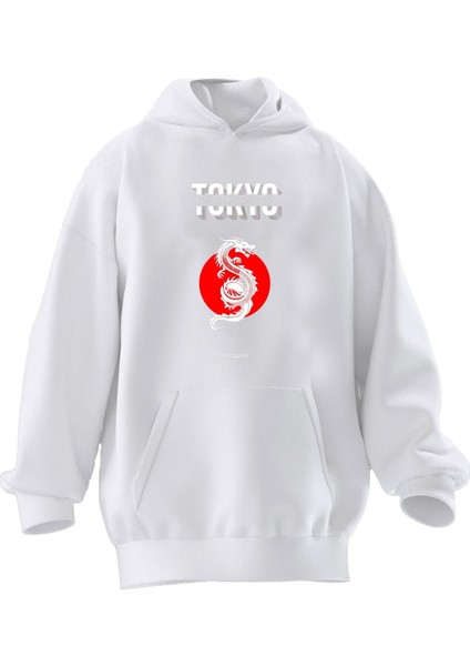 Unisex Premium Pamuk Siyah Tokyo Dragon Baskılı 3 Iplik Kapüşonlu Sweatshirt