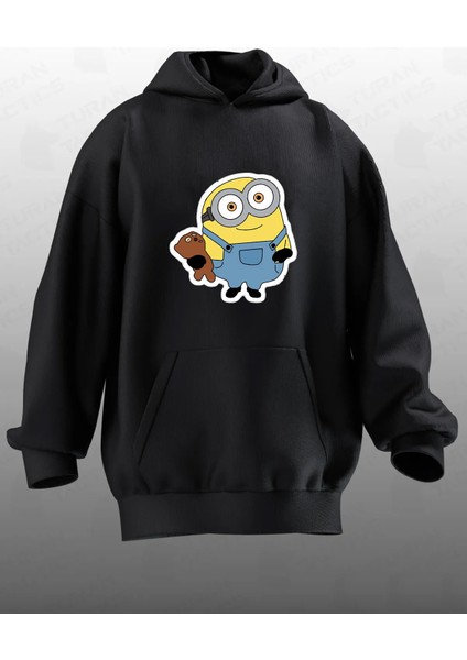 Unisex Premium Pamuk Siyah Minyon Baskılı 3 Iplik Kapüşonlu Sweatshirt